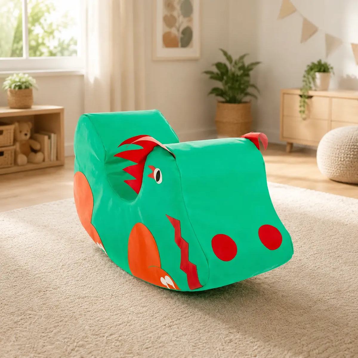 Dragon Rocker turquoise soft foam children's rocker in a home playroom