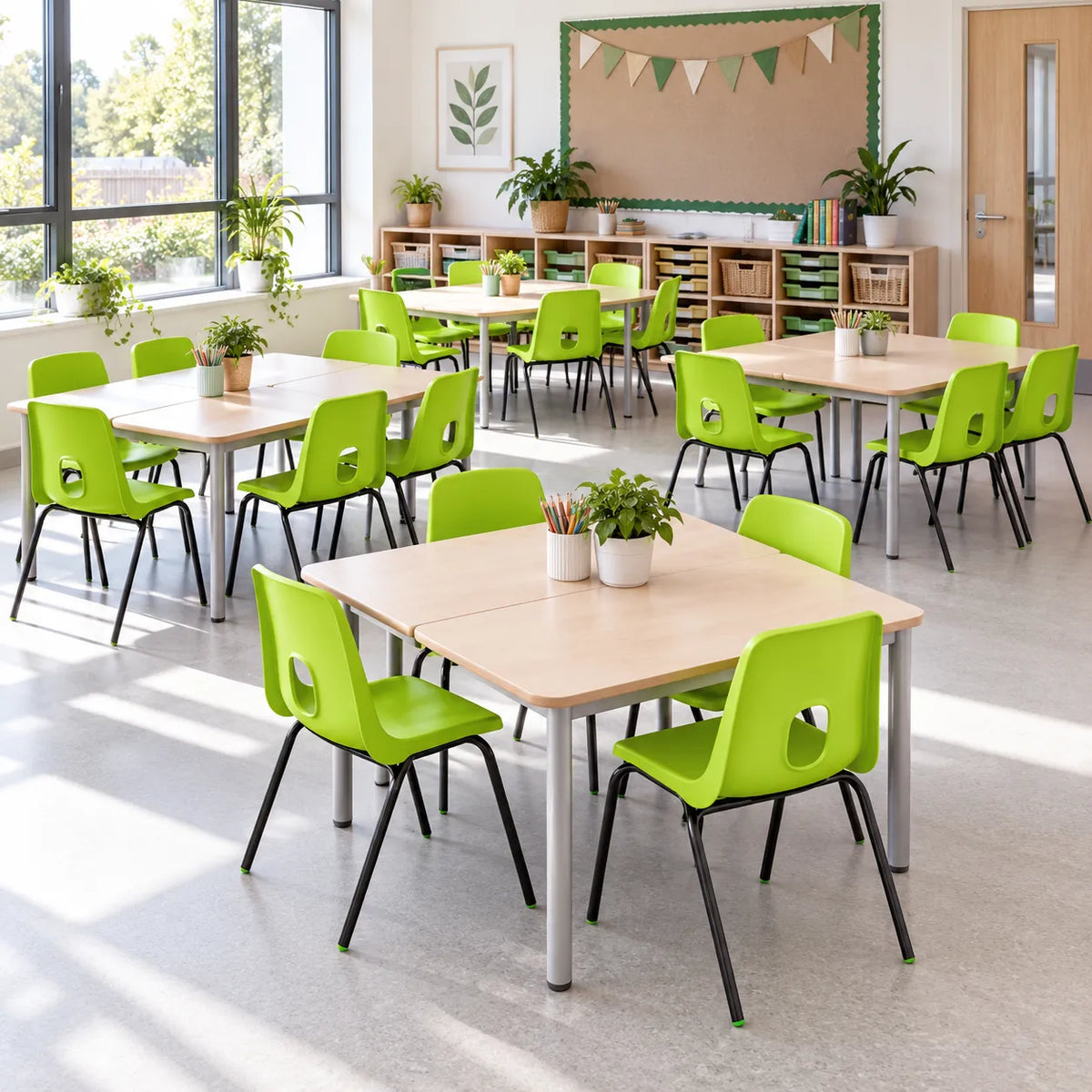 E Series Stacking Chair Set of 20 in a bright UK classroom – lifestyle image 1