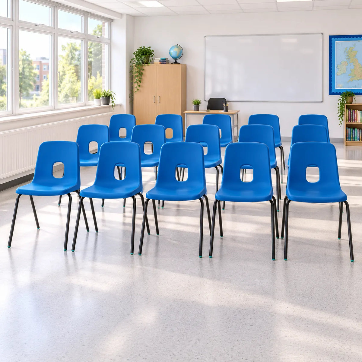 E Series Stacking Chair Set of 20 in a bright UK classroom – lifestyle image 2
