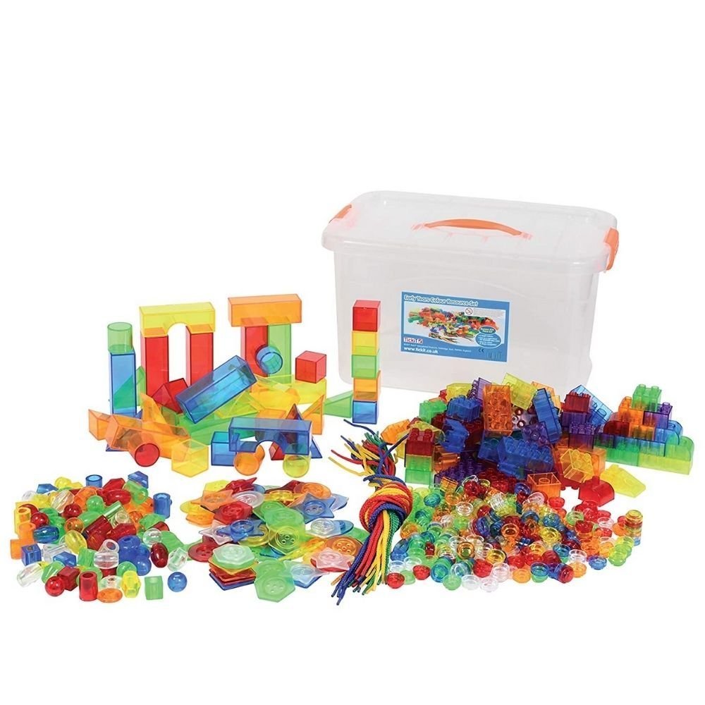 Early Years Colour Resource Set, The Early Years Colour Resource Set is a bumper pack of over 634 translucent acrylic colour resources and laces, ideal for using on a light panel for early investigation and exploration of colour, shape, pattern, counting & sorting, fine motor skills, construction and creative play. The Early Years Colour Resource Set includes a convenient storage container. The Early Years Colour Resource Set is the perfect addition to any sensory light panel. Set includes:40 Translucent Co
