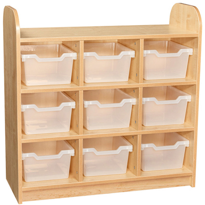 Early Years Low Level 3 Tier Storage Shelving Unit With Back - 9 Tray, This Low Level 3 Tier Storage Shelving Unit is a perfect addition to any Early Years and or Nursery, specifically designed by Early Years staff for a more suitable learning environment. The Curved edges make for the perfect Tidy for any young education establishment. Solidly constructed specifically for Early Years Developmental age group, making it suitable for their learning environment. Unit Top Colour; Maple, Lilac and Powder Blue Cu
