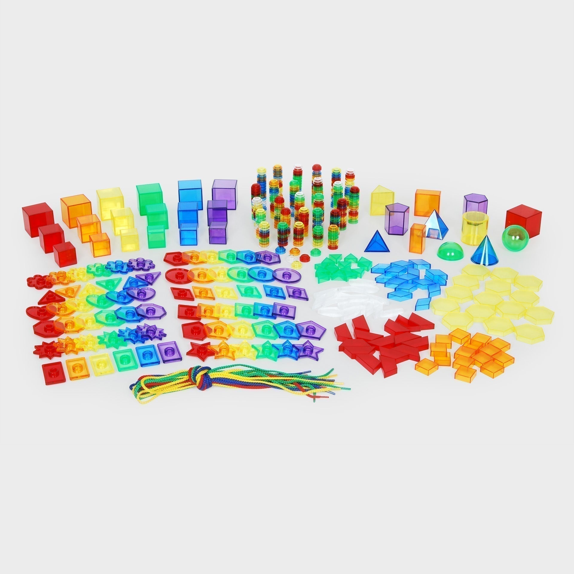Early Years Maths Resource Set, The Early Years Maths Resource Set is a bumper pack of nearly 500 translucent acrylic colour maths resources and laces, The Early Years Maths Resource Set is ideal for using on a light panel for exploring mathematical topics such as shape and attributes, counting and sorting, pattern and sequence, all whilst developing fine motor skills and inspiring creative play. The Early Years Maths Resource Set contains beautiful translucent resources come in 6 colours as well as clear, 