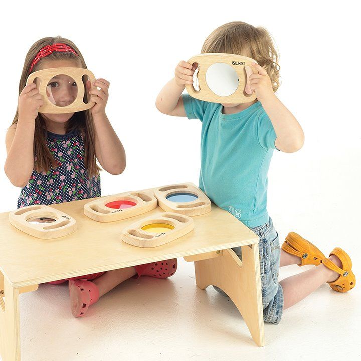 Easy Hold Discovery Set of 6, Our TickiT® Easy Hold Discovery Set contains six easy to hold solid rubberwood frames with handles, each enclosing a different insert that will help your child to engage with the world around them in a unique way. The translucent acrylic colour panel inserts offer a new colourful perspective of their environment and if stacked can be used for colour-mixing; a giant magnifier lens enables your child to observe small items or minibeasts in close up detail, whilst the mirrors offe