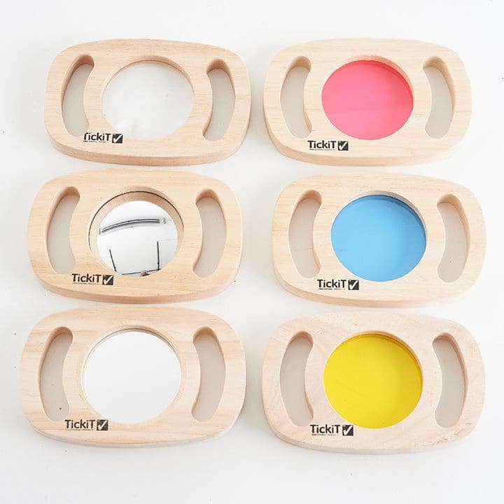 Easy Hold Discovery Set of 6, Our TickiT® Easy Hold Discovery Set contains six easy to hold solid rubberwood frames with handles, each enclosing a different insert that will help your child to engage with the world around them in a unique way. The translucent acrylic colour panel inserts offer a new colourful perspective of their environment and if stacked can be used for colour-mixing; a giant magnifier lens enables your child to observe small items or minibeasts in close up detail, whilst the mirrors offe