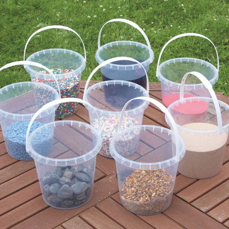 Economy Clear Buckets Set - Pk8, A set of clear buckets with carry handles that are ideal for sand and water play. Being clear, sand and water can easily be seen to show proportion and volume. The Economy Clear Buckets Set is ideal for holding items found during sand and water discovery play. Children will love using these Economy Clear Buckets Set to transport found treasures around the setting. They could even be used in a home corner. A truly versatile resource. Supports the following areas of learning: 