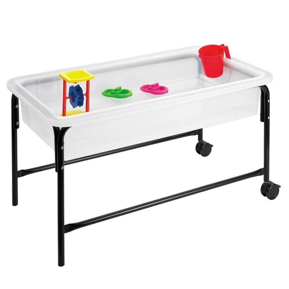 Economy Sand & Water Table, The Economy Sand & Water Table is an ultra strong, purpose-moulded semi-opaque sand and water tray with lightweight black tubular steel frame.The Economy Sand & Water Table comes with lockable castors, drainage hole and plug. The spacious tray can hold plenty of sand, water, and other sensory materials, while the sturdy steel frame provides stability and support for even the most enthusiastic little ones. With lockable castors, the table can easily be moved around or stored away 