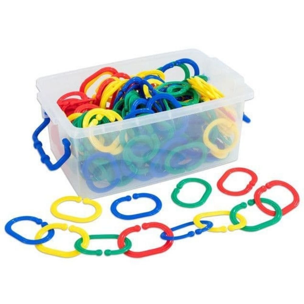 Educational Links 150 Pieces, The Educational Links Set is a versatile and engaging toy designed to cater to the developmental needs of children across different age groups. Made with young hands in mind, the chunky links are easy to grasp, providing an ideal tool for developing fine motor skills. For younger children, the set serves as a sensory-rich experience. The varied textures, intriguing shapes, and vibrant colours captivate little ones, stimulating their sense of touch, vision, and even cognitive un