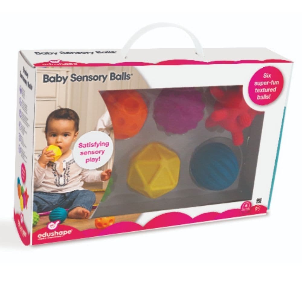 Edushape Baby Sensory Balls, Introducing the Edushape Baby Sensory Balls - your baby's new favourite playmate and teething companion! Crafted to cater to the tender teething needs and sensory explorations of your little one, these balls promise not just relief, but endless hours of fun and development. 🌈 Bright & Eye-Catching Colours:Each pack boasts six vibrant balls in delightful shades of yellow, purple, red, orange, blue, and green. Their brilliant hues are designed to captivate and engage, making them 