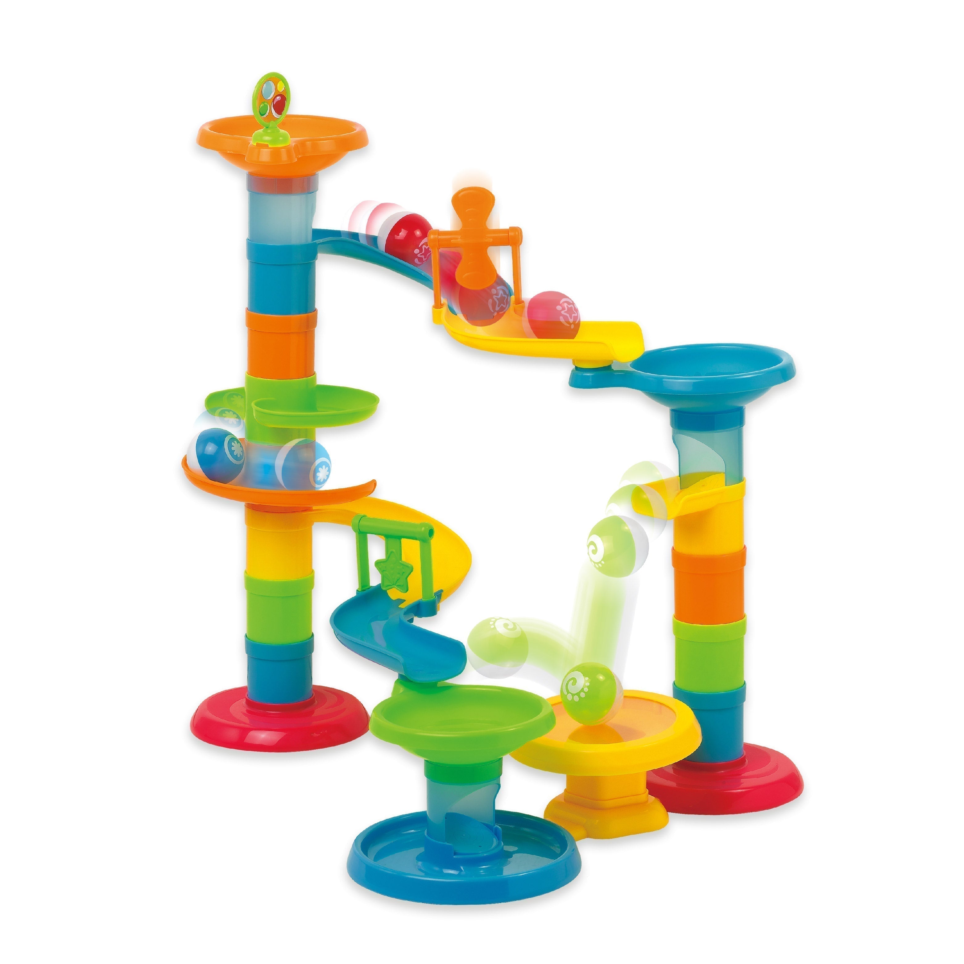 Edushape Bounce A Marble Racetrack, Edushape's Bounce A Marble Racetrack provides hours of visually stimulating fun rolling the balls through the track. Simple stacking set builds coordination, reasoning and fine motor skills with a surprise. Pieces are perfectly sized for smaller hands and slow-rolling balls keep young children fascinated. Track pieces are brightly colored for color matching. Includes pieces that bounce the balls on their way through the track! Set includes 30 pieces. For ages 12 months an
