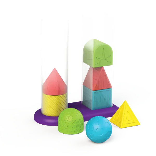 Edushape Geostacker, Introducing the Edushape Geostacker Stack and Sort - a captivating and educational toy designed to engage and delight your little one as they embark on a journey of discovery through geometric shapes and stacking fun! This set includes eight classic geometric shapes that are not only enjoyable for babies to hold and squeeze, but also perfect for stacking on top of each other. With topple-proof tubes, you can watch your baby's excitement soar as they create impressive structures, promoti