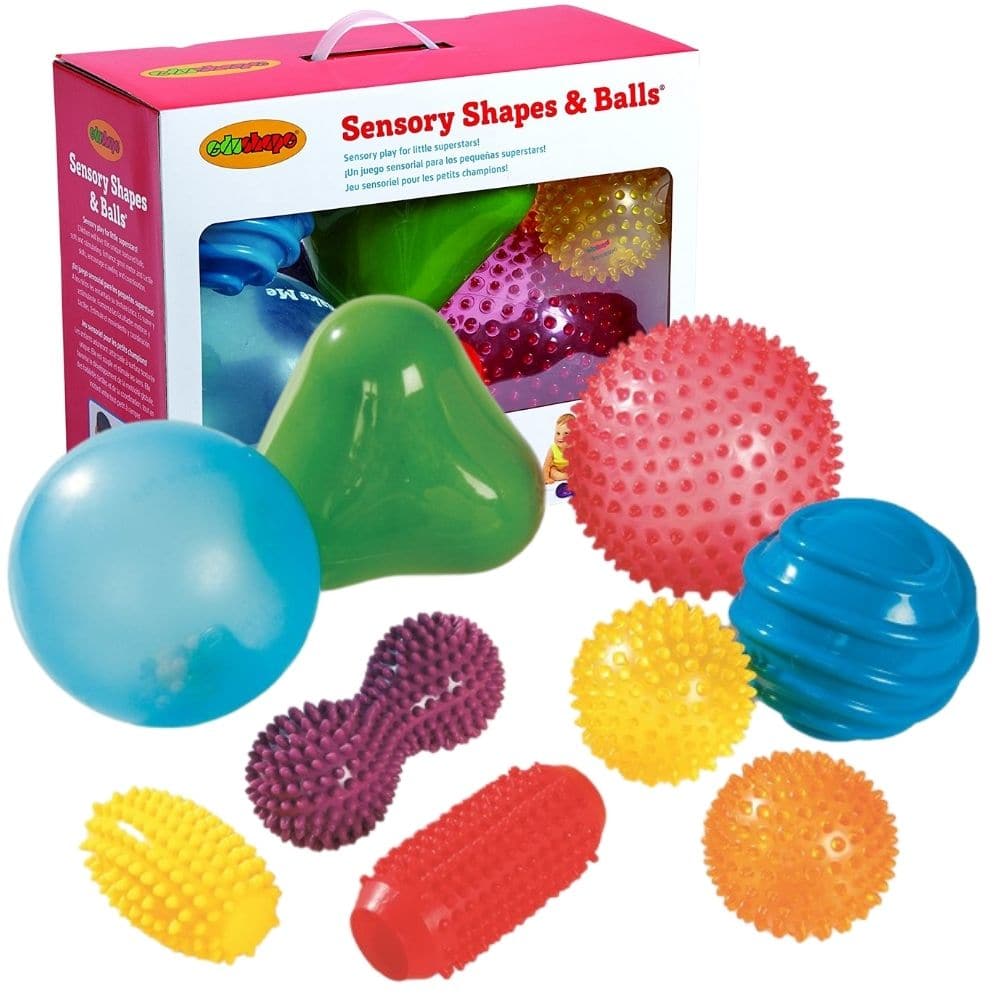 Edushape Sensory Shapes and Balls Kit, This unique set of 9 sensory balls and shapes is a great resource for sensory exploration through play. Various textures and styles make this Edushape sensory shapes and balls kit unique. Explore the intriguing shape of the small green triangle ball. Feel the fascinating bumpy textures of the large Sensory See-Me red ball and the two smaller, orange and yellow balls. There are two massage roll balls that are fun to feel and roll, an interesting peanut-shaped ball, a bl