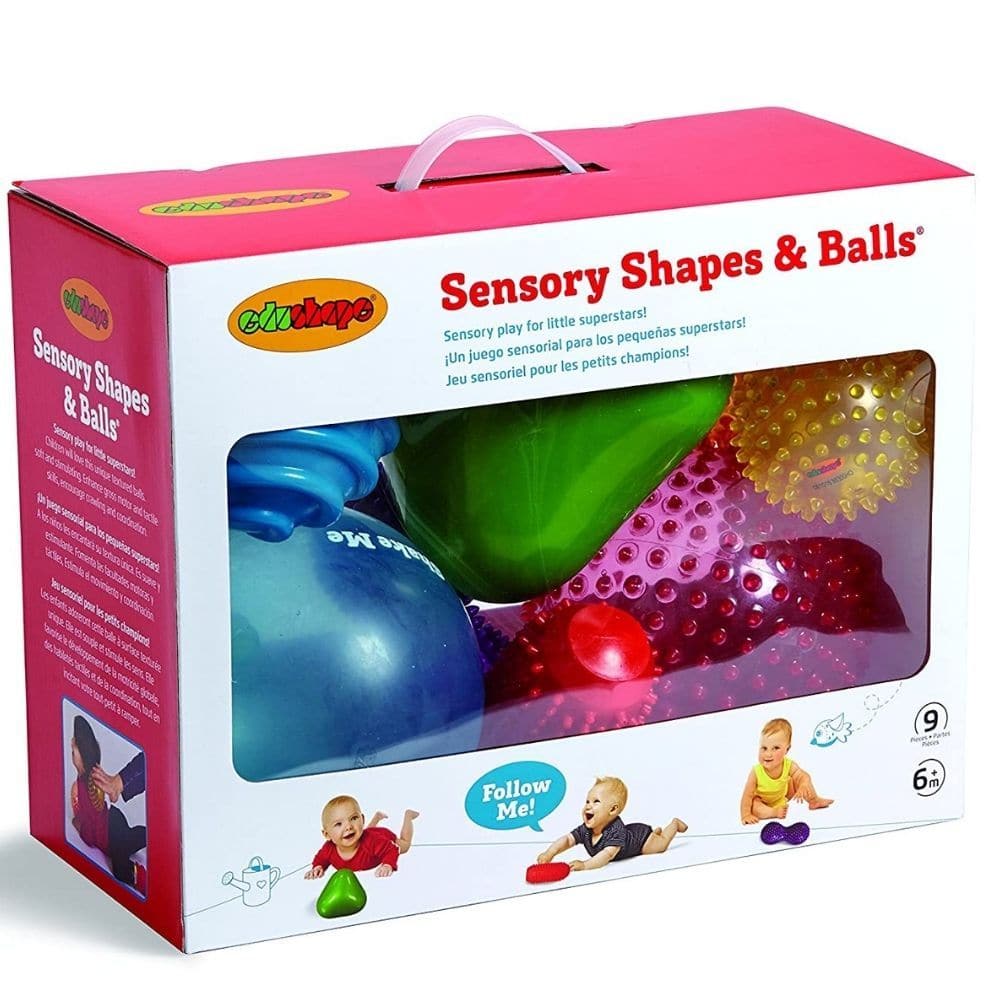 Edushape Sensory Shapes and Balls Kit, This unique set of 9 sensory balls and shapes is a great resource for sensory exploration through play. Various textures and styles make this Edushape sensory shapes and balls kit unique. Explore the intriguing shape of the small green triangle ball. Feel the fascinating bumpy textures of the large Sensory See-Me red ball and the two smaller, orange and yellow balls. There are two massage roll balls that are fun to feel and roll, an interesting peanut-shaped ball, a bl