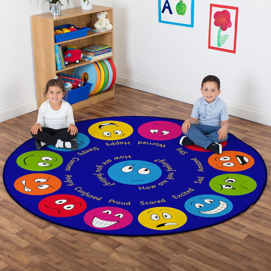 Emotions Interactive Circular Carpet, This highly visual Emotions Interactive Circular Carpet measures 2 x 2m and has 12 different emotions and feelings with keywords to encourage group discussion. Children can choose an expression to sit on during reading and group lessons. The Emotions Interactive Circular Carpet features: Distinctive and brightly coloured, child friendly designs.The Emotions Interactive Circular Carpet is designed to encourage learning through interaction and play. This highly visual 2 x