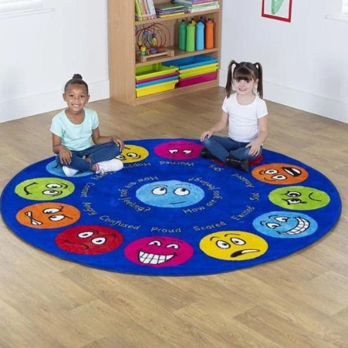 Emotions Interactive Circular Carpet, This highly visual Emotions Interactive Circular Carpet measures 2 x 2m and has 12 different emotions and feelings with keywords to encourage group discussion. Children can choose an expression to sit on during reading and group lessons. The Emotions Interactive Circular Carpet features: Distinctive and brightly coloured, child friendly designs.The Emotions Interactive Circular Carpet is designed to encourage learning through interaction and play. This highly visual 2 x