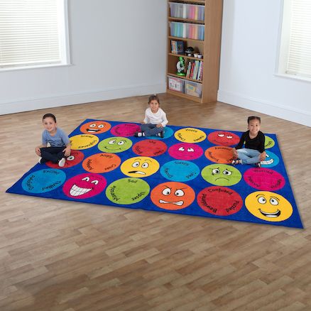 Emotions Interactive Rectangular Carpet, The highly visual Emotions Interactive Rectangular Carpet incorporates 12 different emotional feelings and expressions with keywords to encourage group discussion during class time. Children can choose an expression to sit on during reading and group lessons. The Emotions Interactive Rectangular Carpet is manufactured from a nylon twisted soft material and a unique Rhombus anti-skid latex backing. 3x2m carpet featuring 12 different emotions and feelings with keywords