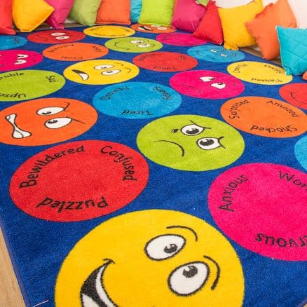 Emotions Interactive Rectangular Carpet, The highly visual Emotions Interactive Rectangular Carpet incorporates 12 different emotional feelings and expressions with keywords to encourage group discussion during class time. Children can choose an expression to sit on during reading and group lessons. The Emotions Interactive Rectangular Carpet is manufactured from a nylon twisted soft material and a unique Rhombus anti-skid latex backing. 3x2m carpet featuring 12 different emotions and feelings with keywords
