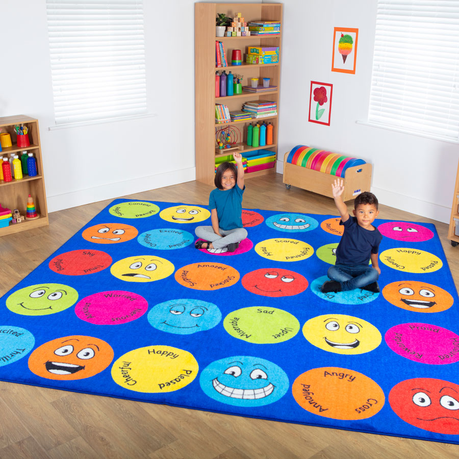 Emotions Interactive Square Placement Carpet, This highly visual Emotions Interactive Square Placement Carpet measures 3 x 3m and has 12 different emotions and feelings with keywords to encourage group discussion. Children can choose an expression to sit on during reading and group lessons.The Emotions Interactive Square Placement Carpet has a distinctive and brightly coloured, child friendly design. Large 3x3m carpet featuring 12 different emotions and feelings with keywords to encourage group discussion. 