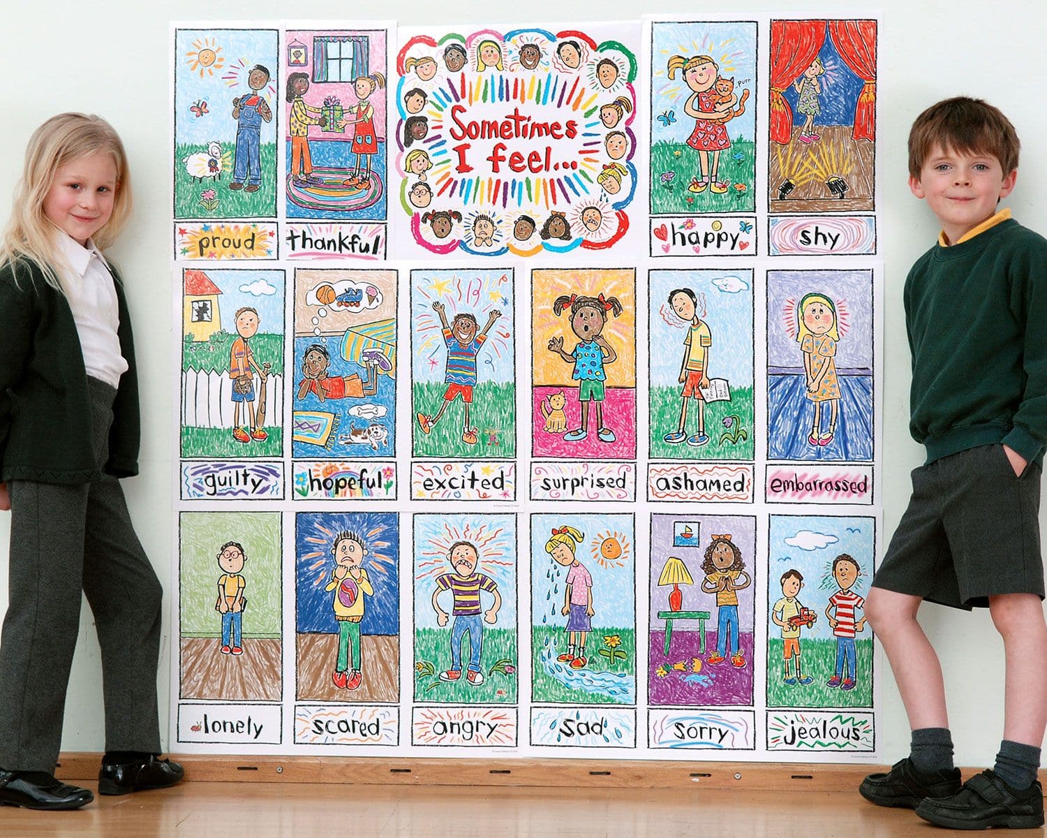 Emotions Kid Drawn Bulletin Board Set, The Emotions Kid Drawn Bulletin Board Set is a must-have for any classroom seeking to create an engaging and interactive environment for children to explore their feelings. This visually appealing bulletin board set features 16 cut-apart emotion cards that showcase a variety of emotions, allowing children to easily identify and discuss their own feelings.Additionally, the set includes 16 word cards that correspond to each emotion, further enhancing children's vocabular
