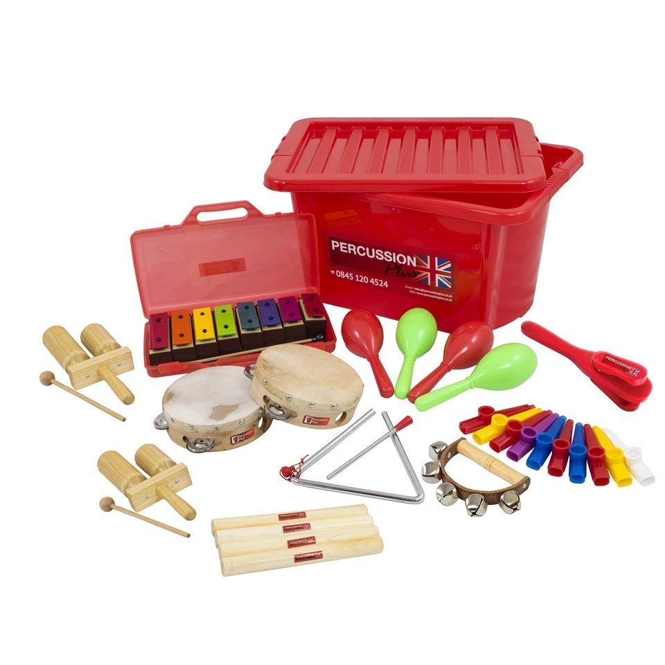 Essentials Music Kit, The Essentials Music Kit is a superb value musical set for schools or charities wishing to create musical play sessions with ease providing instruments for up to 22 children. Take music anywhere with this selection of must-have class percussion, all stored away perfectly in a durable storage box easy to stack and store away. Suitable for up to 22 players A typical kit includes Suitable for up to 22 players. A typical kit includes "“ 1 x 15cm Triangle 2 x Double wooden agogo 1 x Hand be