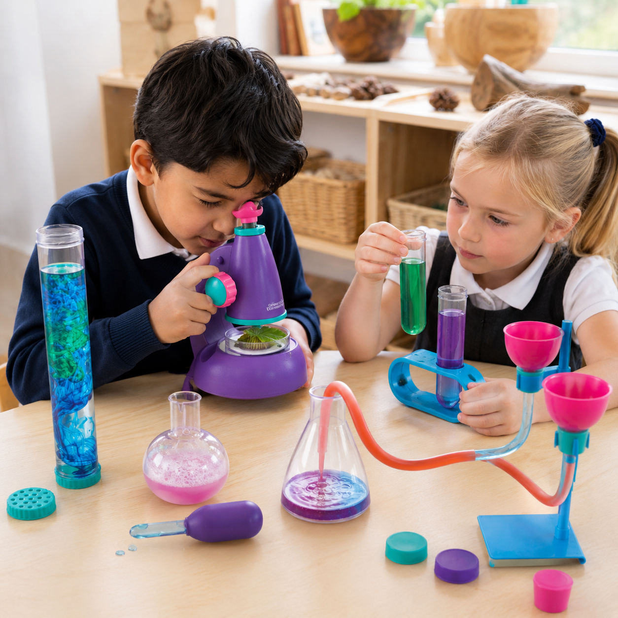 Children exploring with the Primary Science Deluxe Lab Set