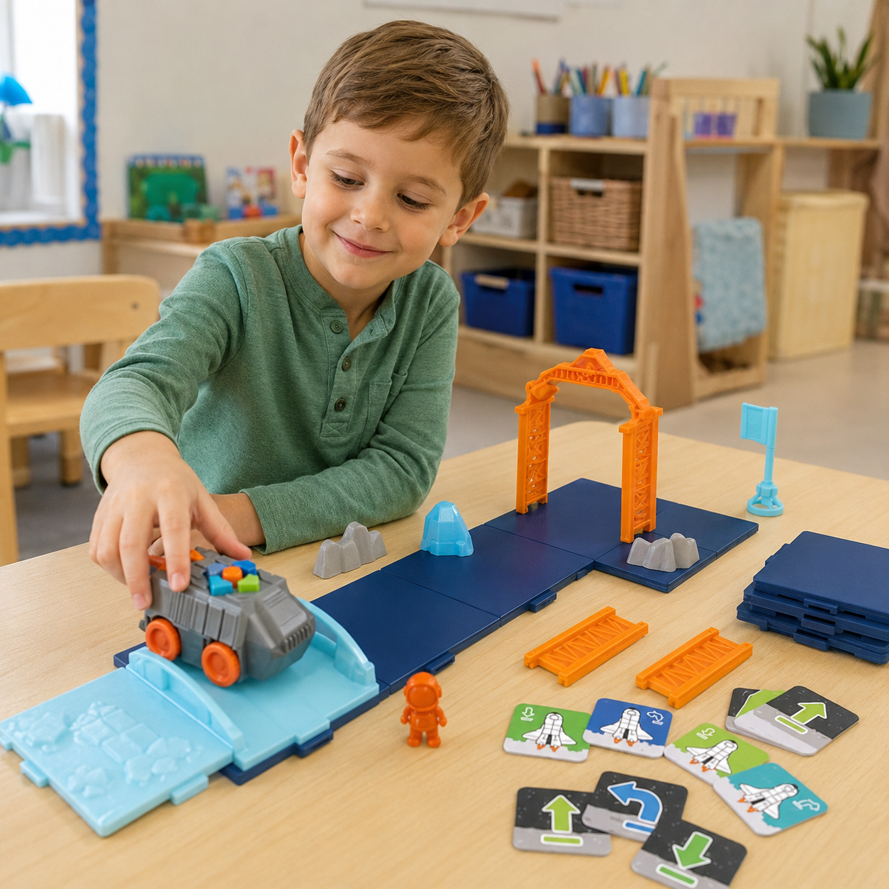 Child exploring coding with the Space Rover Deluxe Activity Set