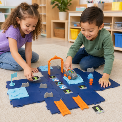 Children using the Space Rover coding set in a classroom