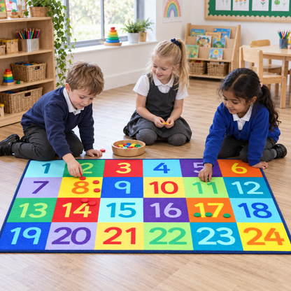 Children learning together on the Rainbow 1-24 Numbers Carpet