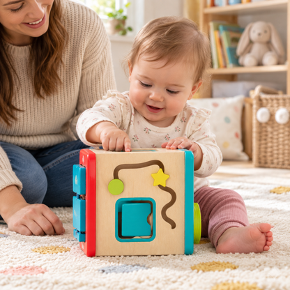 Baby exploring the Fisher-Price Wooden Activity Cube