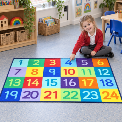 Child learning numbers with the Rainbow 1-24 Numbers Carpet