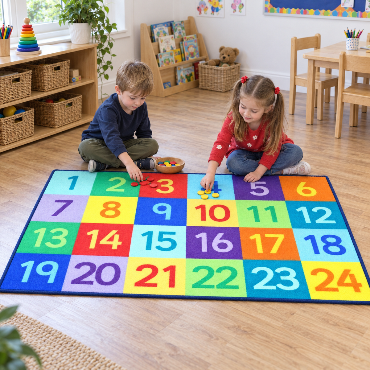 Children using counters on the Rainbow 1-24 Numbers Carpet