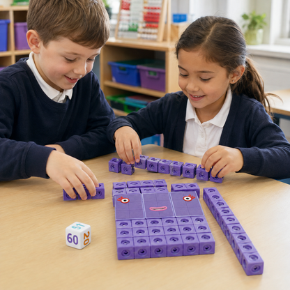 Children building Numberblock Sixty with MathLink Cubes