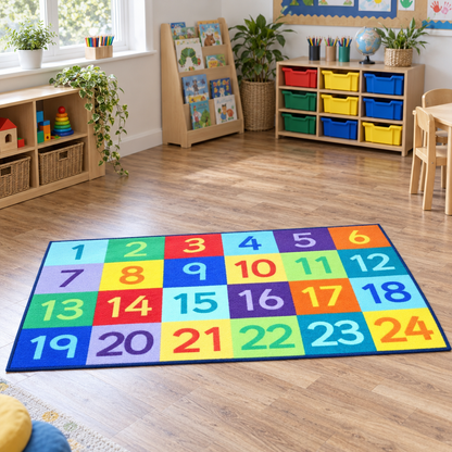Rainbow 1-24 Numbers Carpet in a bright activity room without children