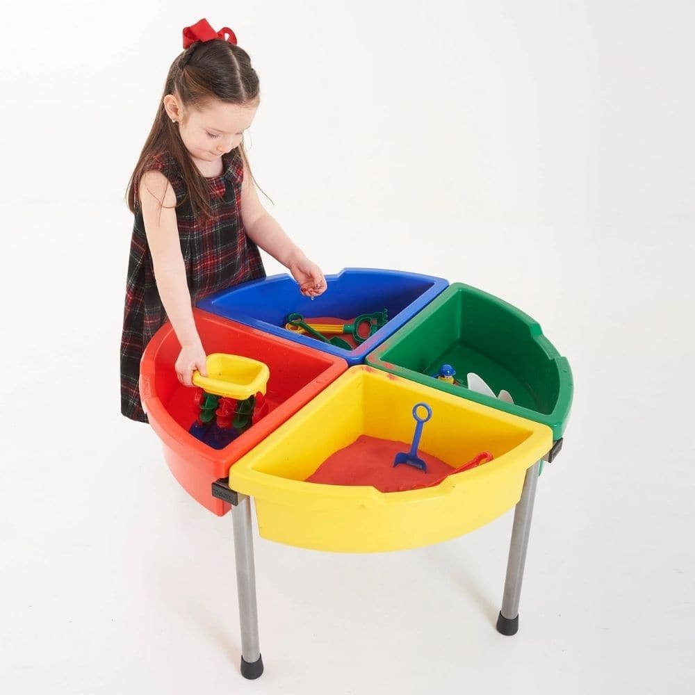Exploration Circle Set Colour Trays, The Exploration Circle Set Colour Trays has 4 coloured quadrant trays with a grey metal stand forming a sturdy activity circle. Using the Exploration Circle Set Colour Trays,Children can play and discover the properties of sand, water, confetti, wood chippings or whatever medium you decide to place into the handy sized trays which are easy to manage, clean, lift and empty with this stunning Exploration Circle Set Colour Trays. The Exploration Circle Set Colour Trays is i