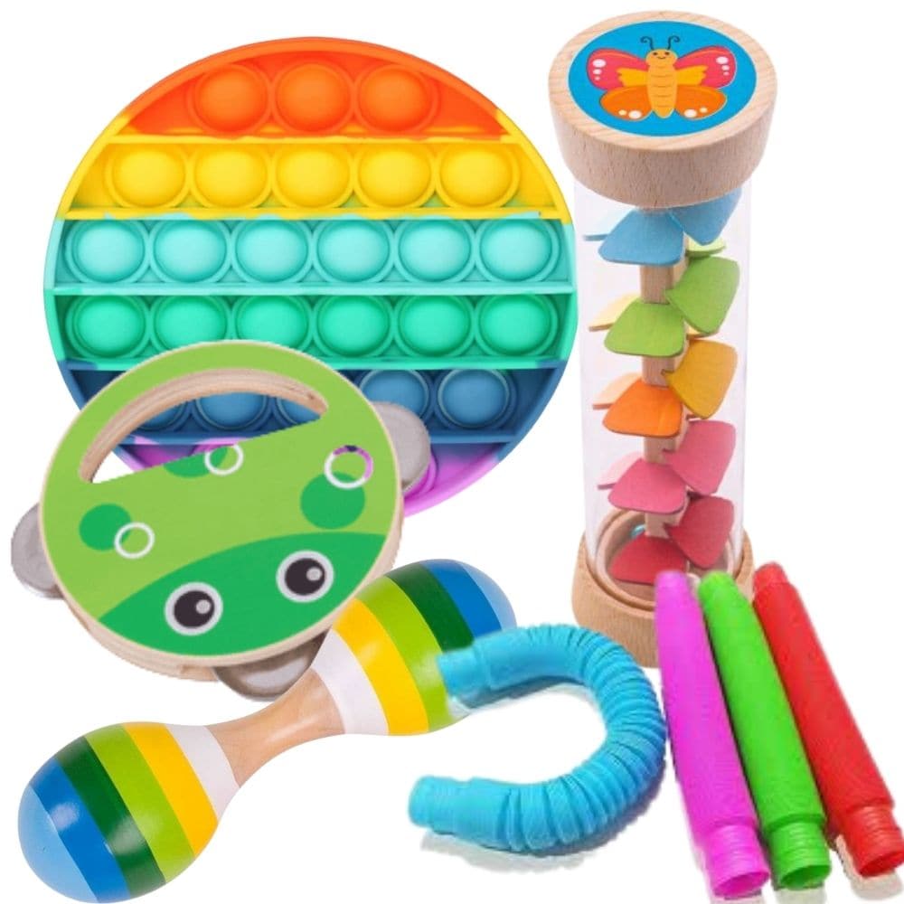 Explore Sounds Fidget Pack, Our Explore Sounds Fidget Pack contains a wide range of musical instruments and noise making products and is suitable for 3 years plus. The Explore Sounds Fidget Pack is also a great cause and effect tool. What's in the Explore Sounds Fidget Pack?: 1 x Rainmaker - colourful, easy to hold rainmaker that makes a rainfall sound when tipped 1 x Hand shaker - animal painted hand shaker that can be held and rattled 1 x Wooden twin maracas, easy to hold and makes an interesting rattle 3