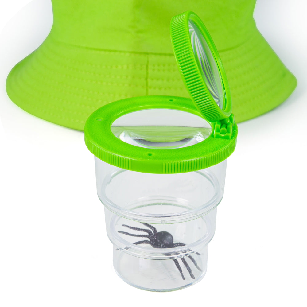 Explorer Set, Chief Bug Catchers can put their wildlife skills to the test with our funky green Explorer Bug Hunting Kit. It features a green bucket hat, pop up bug net, pair of binoculars, telescopic net, magnifying glass & more. Use the extendable telescopic net to catch pretty butterflies; the binoculars to bird watch and observe insects from afar; the bucket hat to help you blend in with nature; the pop-up bug tent to gently catch bugs; and the magnifying jar to examine bugs up close. Kids bug catching 