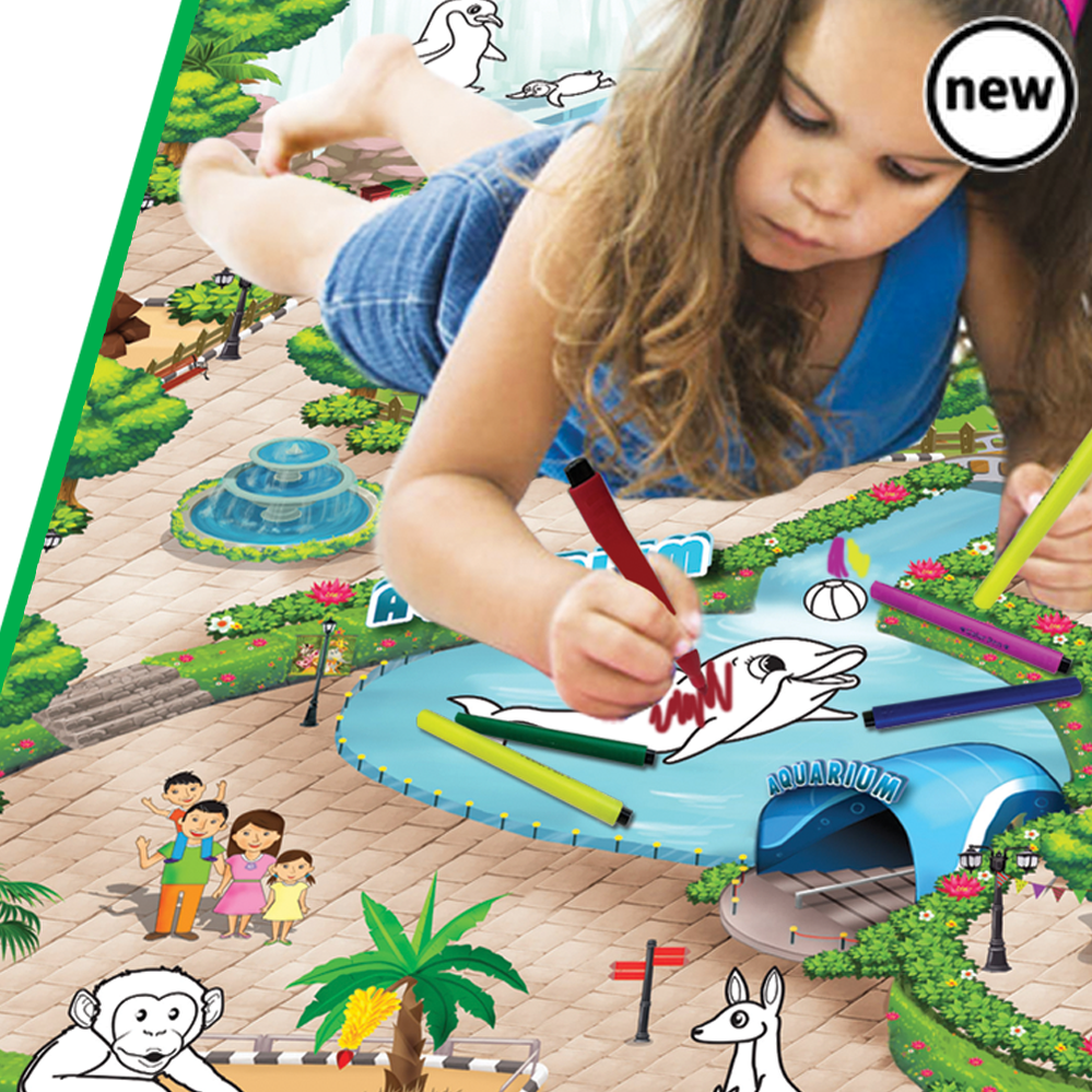 Extra Large Colour and Wipe Zoo Play Mat (200 x 120cm), Exceptionally eye-catching colour and wipe playmats, have been designed to stimulate imaginative play in toddlers and children of all ages, with stunningly sharp, anti-smudge colourfast printing in vibrant colours.This new edition to our ever popular mats range adds an exciting new dimension to children’s play. Supplied with triangular, easy to grip pens in 6 vibrant colours which are easily erasable using a wet wipe or damp cloth. Made from 75% recycl