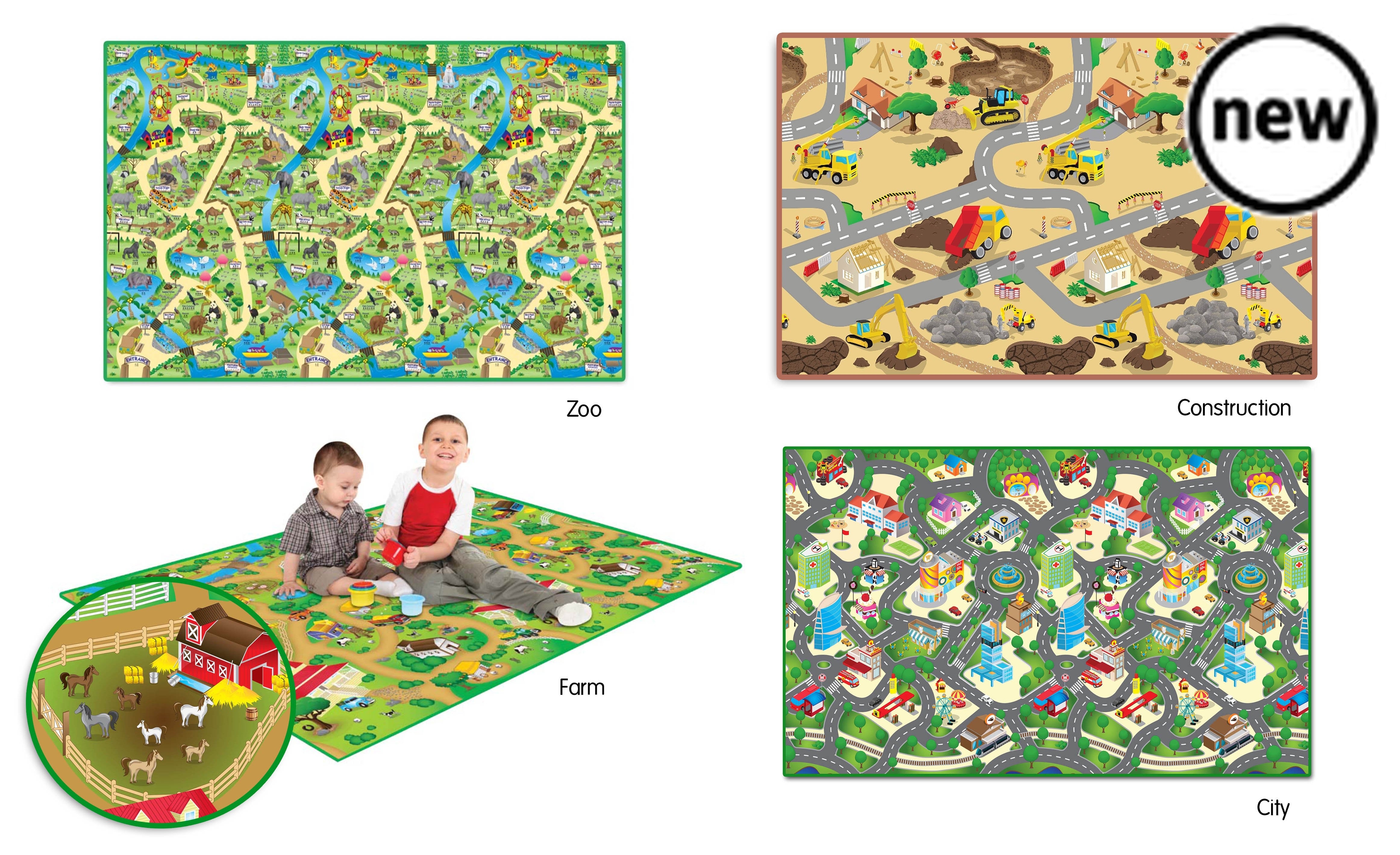 Extra Large Play Mats: Zoo, Farm, City, & Construction (Set of 4), These exceptionally eye-catching, Right Start Award-winning play mats have been designed to stimulate imaginative play in toddlers and children of all ages, with stunningly sharp, anti-smudge colourfast printing in vibrant colours. Made from 75% recycled materials with all-weather clear protective coating, these scratch resistant play mats are totally versatile and ideal to use on a variety of surfaces, from a damp lawn or patio to wooden fl