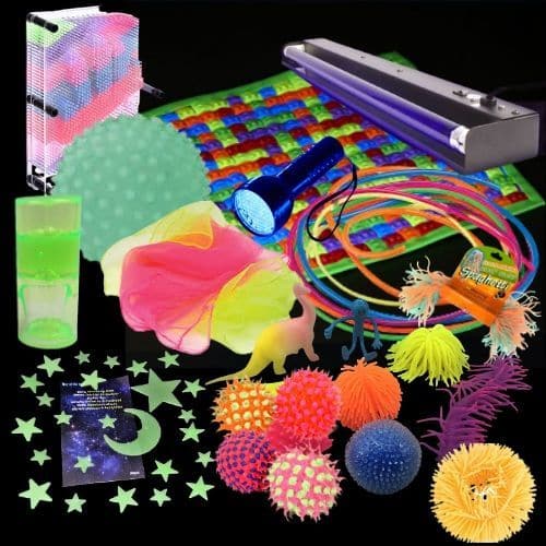 Extra large Uv Kit, This ultimate Extra large Uv Kit contains a variety of tactile and visually stimulating products that reflect and glow under UV light creating mesmerising surroundings that captivates its audience. The comprehensive UV-kit contains a wide variety of fun and exciting glow-in-the-dark toys that are sure to delight and entertain. When exposed to the UV-light in the dark, these toys will glow up, creating a stimulating visual effect, which will give the children an entirely new understanding