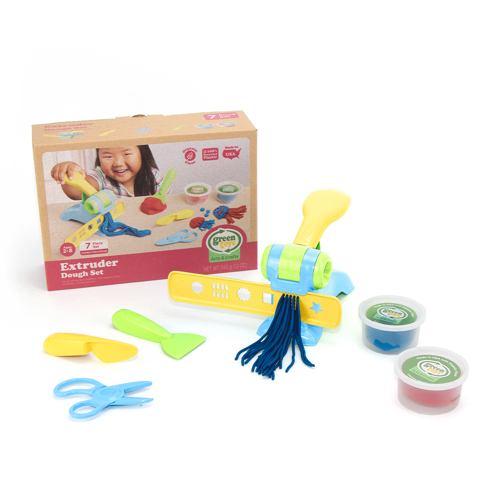 Extruder Dough Set, Looking for a fun play dough for kids set? The Extruder Dough Set from Green Toys has 7 dough modelling tools to help creative little hands make some unique creations. The plastic tools are made from 100% recycled plastic. The two tubs of soft modelling dough are ready to be crafted into absolutely everything and anything. Made in the USA from organic flour, the play dough is non-toxic with no BPA, phthalates, or PVC. This fun arts and crafts for kids set has 7 pieces and allows for unli