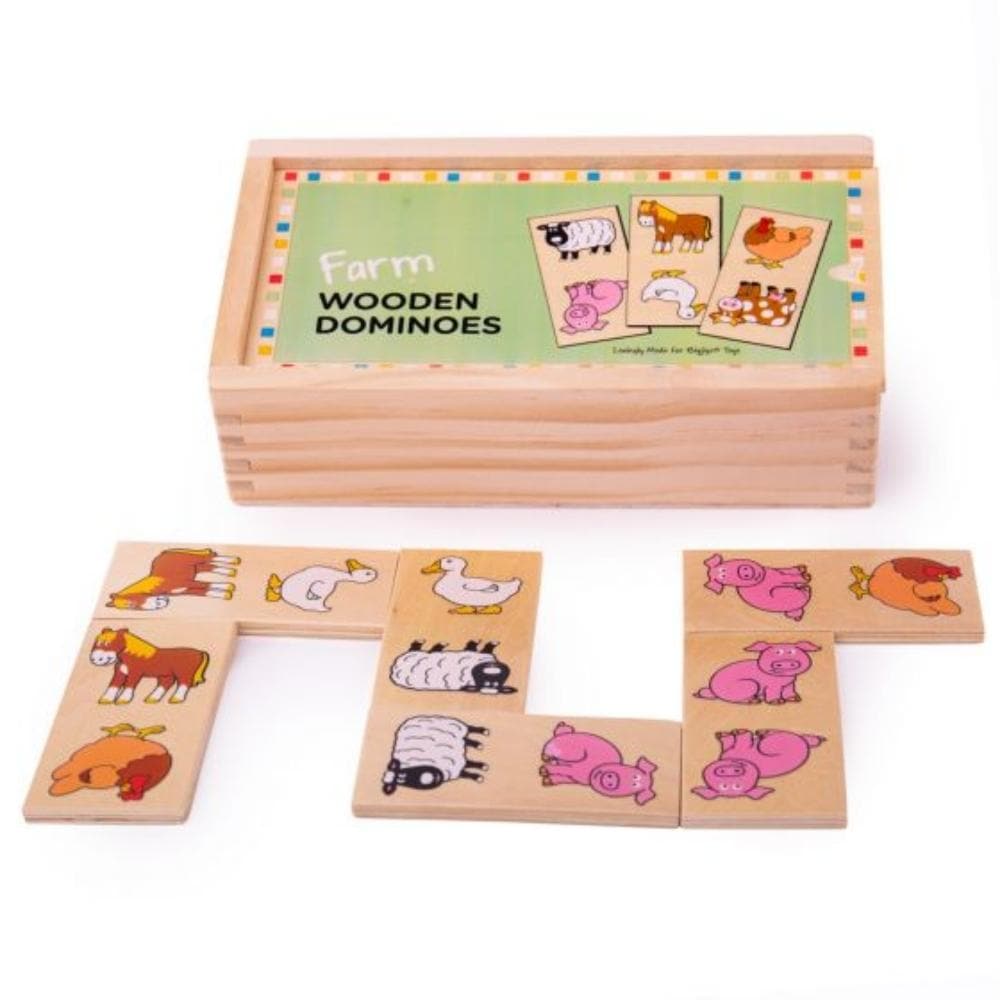 Farm Dominoes, These brightly coloured chunky wooden farm dominoes are perfectly sized for little hands to pick up and place. A timeless wooden game that's sure to see lots of use over the years, all of the pieces can be stored inside the sturdy wooden box with its sliding lid. This farm dominoes toy helps to develop dexterity, matching skills and concentration and is painted with adorable farm animals. Made from high quality, responsibly sourced materials. Conforms to current European safety standards. Con