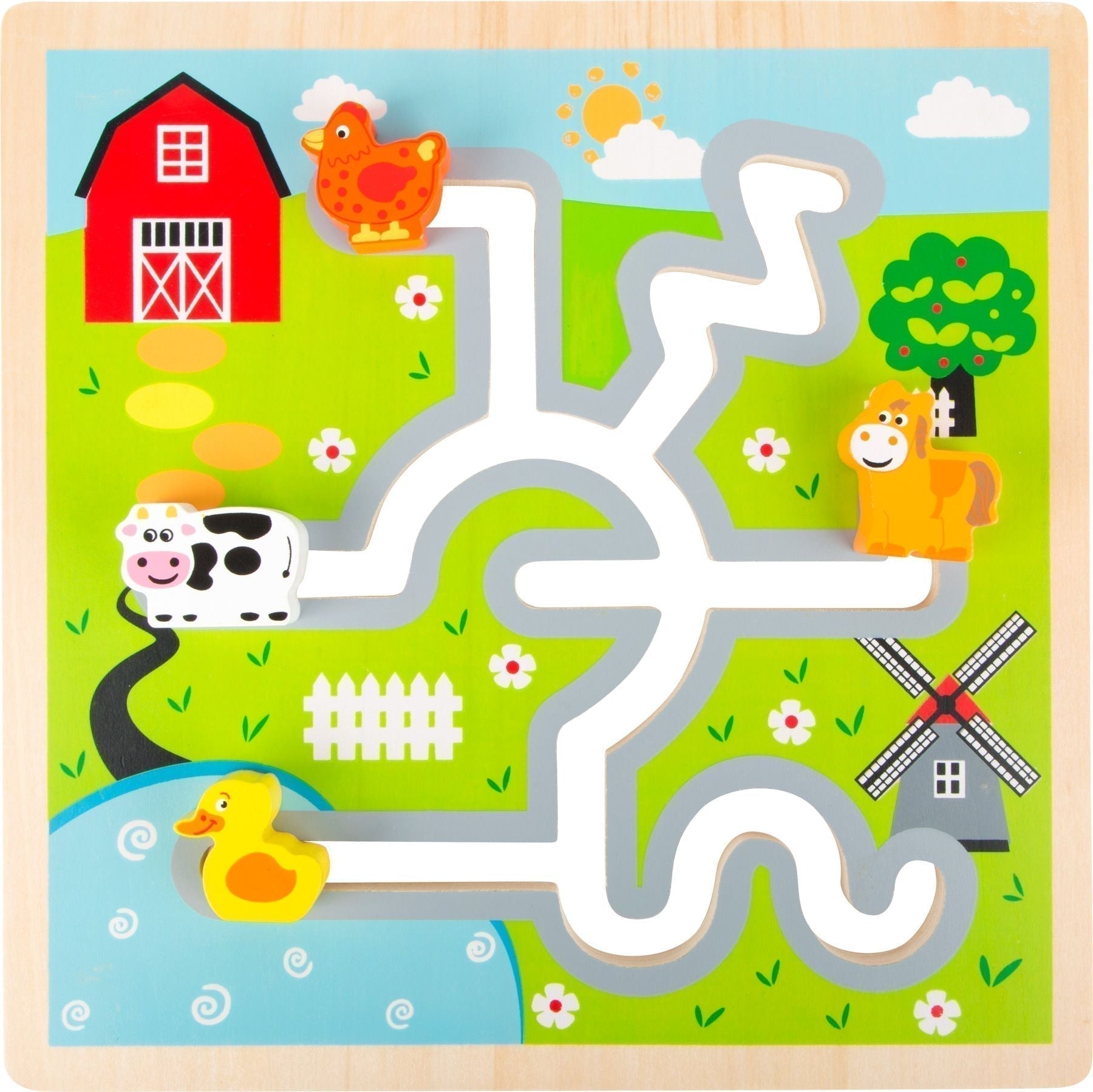 Farm Maze Puzzle, Where does the duck live? In this farm-themed row puzzle, the youngest children playfully learn where the duck, chicken, cow, and horse live. Achieving the correct order of the lovingly-painted pieces is a coordination exercise that also trains logical thinking and is simply a lot of fun. The Farm Maze Puzzle is also great for fine motor skills which encourages fine finger grip and movement. Oops! Now the cow just fell in the pond. Dimensions: approx. 25 x 25 x 2.5 cm, Farm Maze Puzzle,Woo