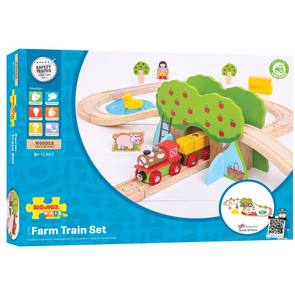 Farm Train Set, Story-telling and creative play is never ending with this Farm Train Set. Youngsters can drive the farm train through the apple orchards and help the farmer deliver hay bales before stopping for a rest by the duck pond. Additional accessories are available to expand this set. Most other major wooden railway brands are compatible with Bigjigs Rail. Made from high quality, responsibly sourced materials. Conforms to current European safety standards. Consists of 45 play pieces. Story-telling an