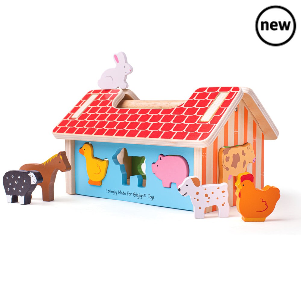 Farmhouse Sorter, All the fun of the farm! Our lovely Farmhouse Shape Sorter comes with 8 vibrant farm animals and of course, the wooden farm. Tots will enjoy matching each animal to its uniquely shaped slot on the wall of the farmhouse. When all the animals are safely inside, the roof can be removed and the animals lifted or poured out for one more game! This Shape Sorter Toy is a great way to develop little one's dexterity and fine motor skills. The useful wooden carry handle makes this the ideal travel t