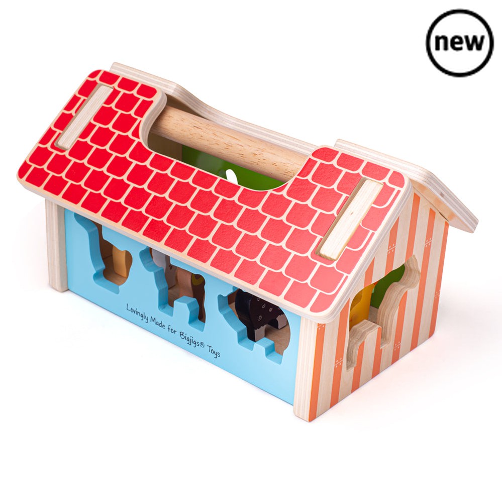 Farmhouse Sorter, All the fun of the farm! Our lovely Farmhouse Shape Sorter comes with 8 vibrant farm animals and of course, the wooden farm. Tots will enjoy matching each animal to its uniquely shaped slot on the wall of the farmhouse. When all the animals are safely inside, the roof can be removed and the animals lifted or poured out for one more game! This Shape Sorter Toy is a great way to develop little one's dexterity and fine motor skills. The useful wooden carry handle makes this the ideal travel t