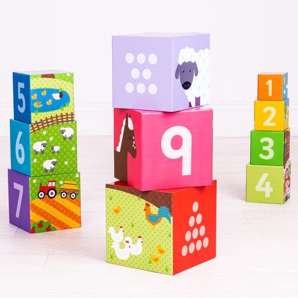 Farmyard Stacking Cubes, Graduating in size, these delightful wooden Farmyard stacking cubes need to be stacked in the correct order, from largest to smallest, to create a tower. Each Farmyard block features a detailed farmyard scene, a number and dots that correspond to the number on the block. As little ones stack each Farmyard cube, they can discuss the farmyard scene on one side, developing their language skills and vocabulary, and count how many dots there are making sure they end up with the same numb