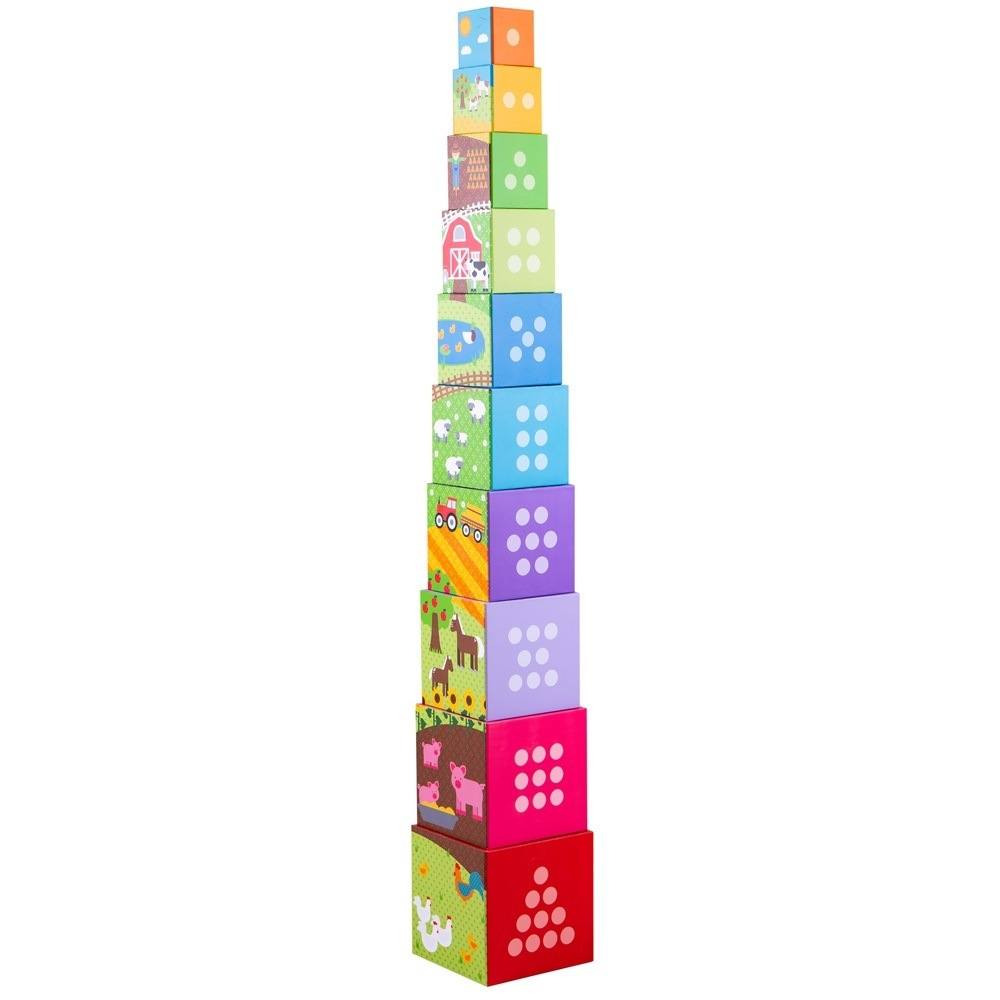 Farmyard Stacking Cubes, Graduating in size, these delightful wooden Farmyard stacking cubes need to be stacked in the correct order, from largest to smallest, to create a tower. Each Farmyard block features a detailed farmyard scene, a number and dots that correspond to the number on the block. As little ones stack each Farmyard cube, they can discuss the farmyard scene on one side, developing their language skills and vocabulary, and count how many dots there are making sure they end up with the same numb