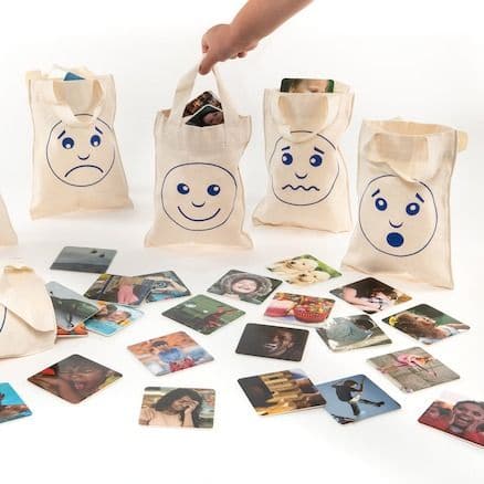 Feelings and Emotions Sorting Bags, Encourage children to identify and talk about their feelings and emotions with this open ended Feelings and Emotions Sorting Bags Set. This Feelings and Emotions Sorting Bags set will help to discriminate between different emotions and sort them appropriately. The Feelings and Emotions Sorting Bags set includes 60 high quality photo cards with a wide range of facial expressions and real world situations, all designed to stimulate different emotions. The 6 natural cotton b