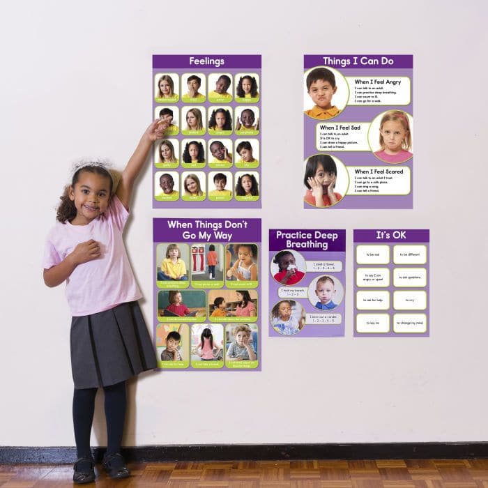 Feelings Bulletin Board Set, This fabulous Feelings Bulletin Board Set encourages social skills for young learners and helps children express their own feelings and emotions. The Feelings Bulletin Board Set contains photographic visuals of various emotions and positive behaviour solutions. The Feelings Bulletin Board Set includes 5 unique posters. 3 large posters measuring 43 x 61cm and 2 small posters measuring 21. 5 x 30cm each Offers photographic visuals of various emotions and positive behaviour solutio