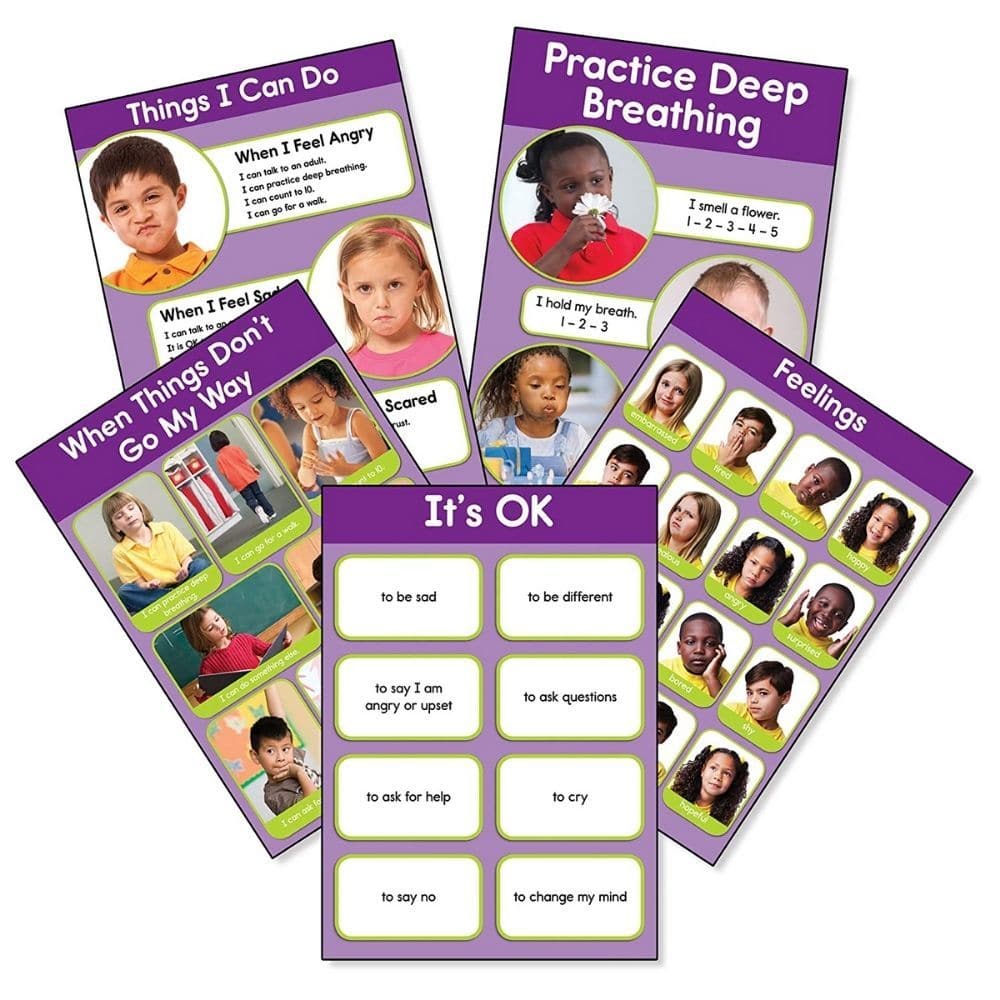 Feelings Bulletin Board Set, This fabulous Feelings Bulletin Board Set encourages social skills for young learners and helps children express their own feelings and emotions. The Feelings Bulletin Board Set contains photographic visuals of various emotions and positive behaviour solutions. The Feelings Bulletin Board Set includes 5 unique posters. 3 large posters measuring 43 x 61cm and 2 small posters measuring 21. 5 x 30cm each Offers photographic visuals of various emotions and positive behaviour solutio