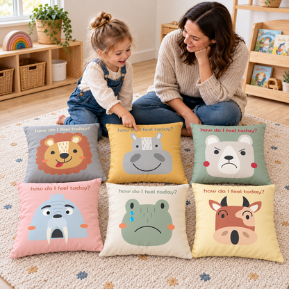Child discussing the happy hippo cushion with a practitioner in a bright nursery